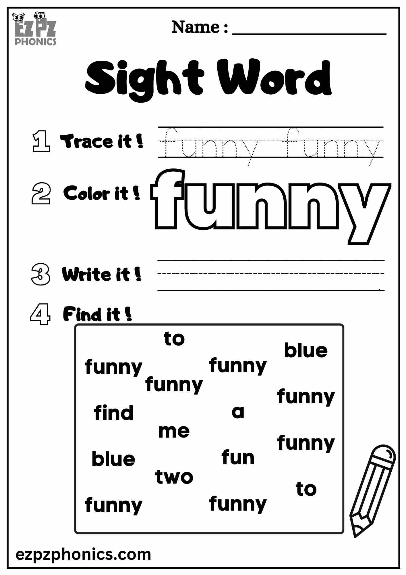 The "Funny" Sight Word Worksheet for Pre-Kindergarten Students Dolch Sight Words Free PDF Download